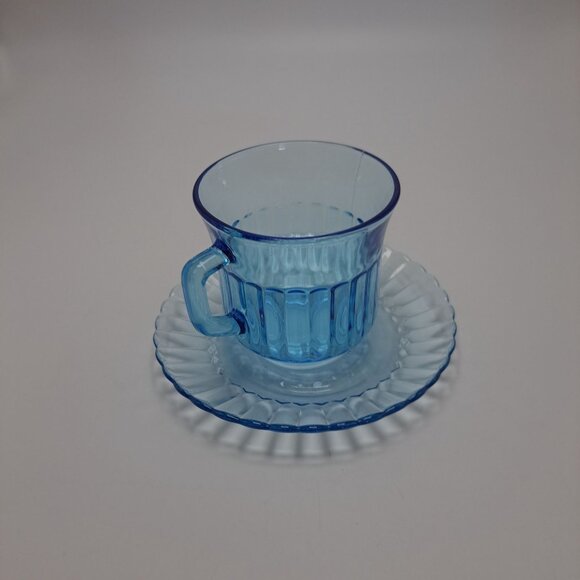 Fortecrisa Mexico Ice Azure Blue Ribbed Glass Cup & Saucer Set - Picture 2 of 11